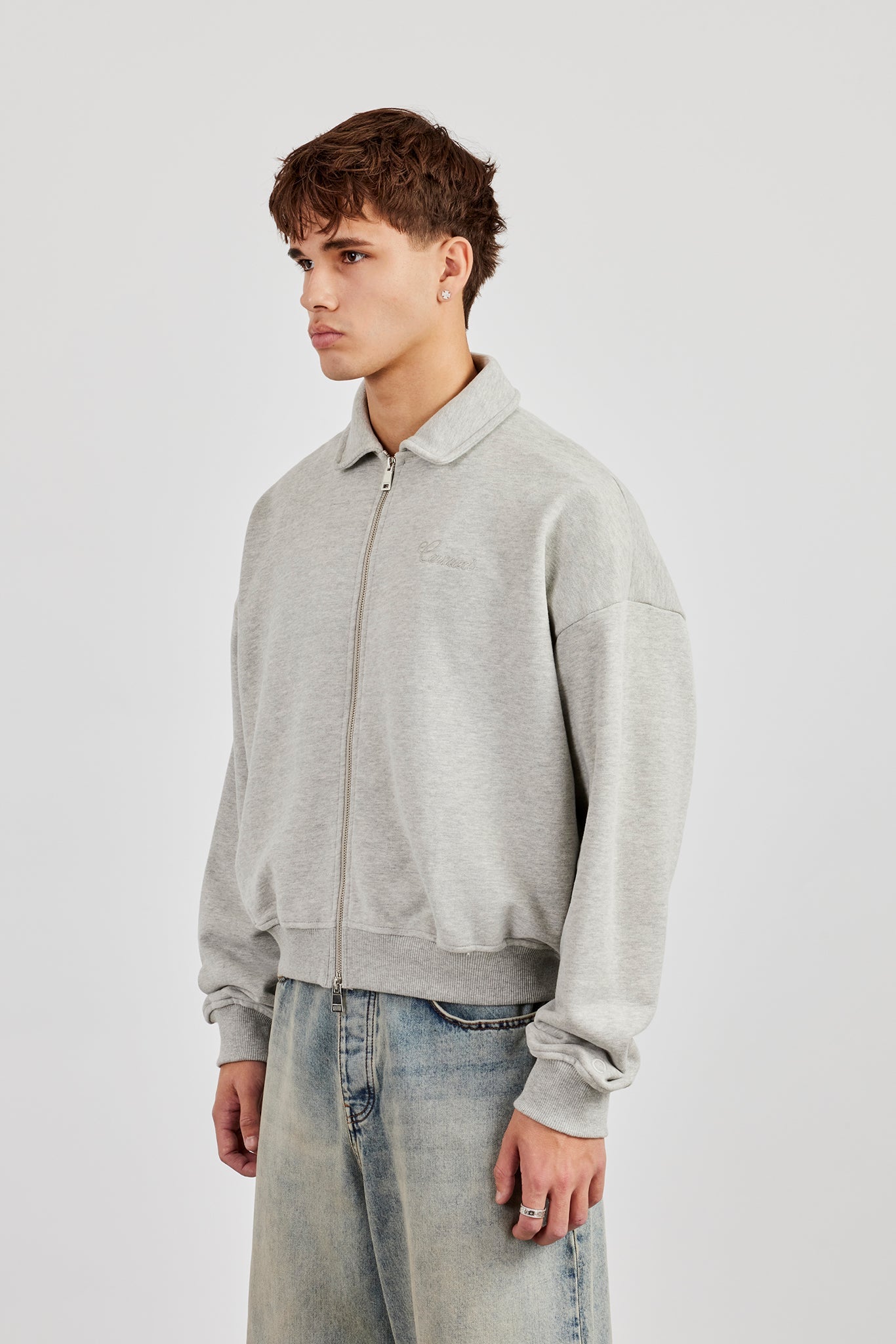 Jersey Zip Through Collared Jacket - Grey Marl